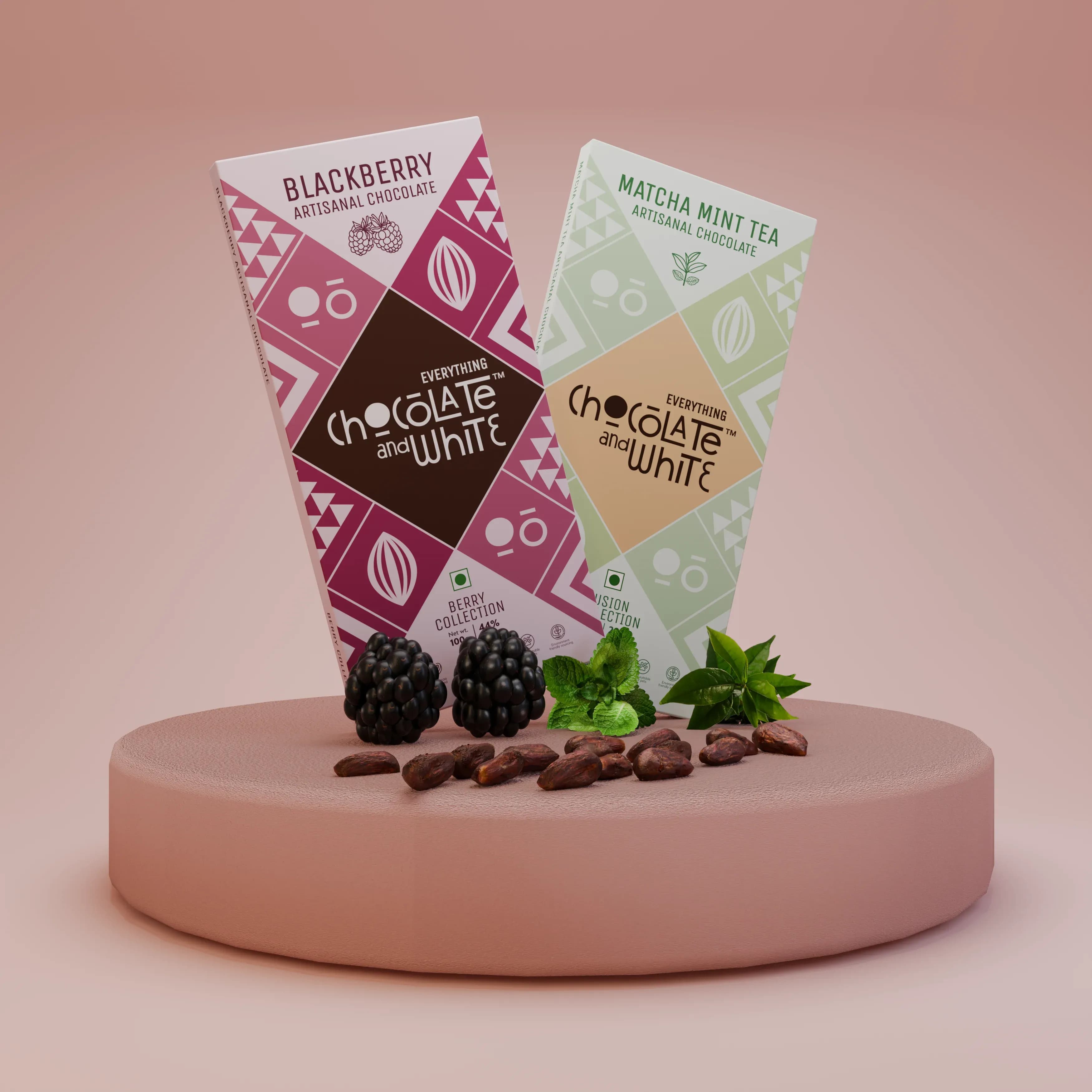 Blackberry Artisanal Chocolate - 44% Dark || Matcha Mint Tea Artisanal Chocolate - White