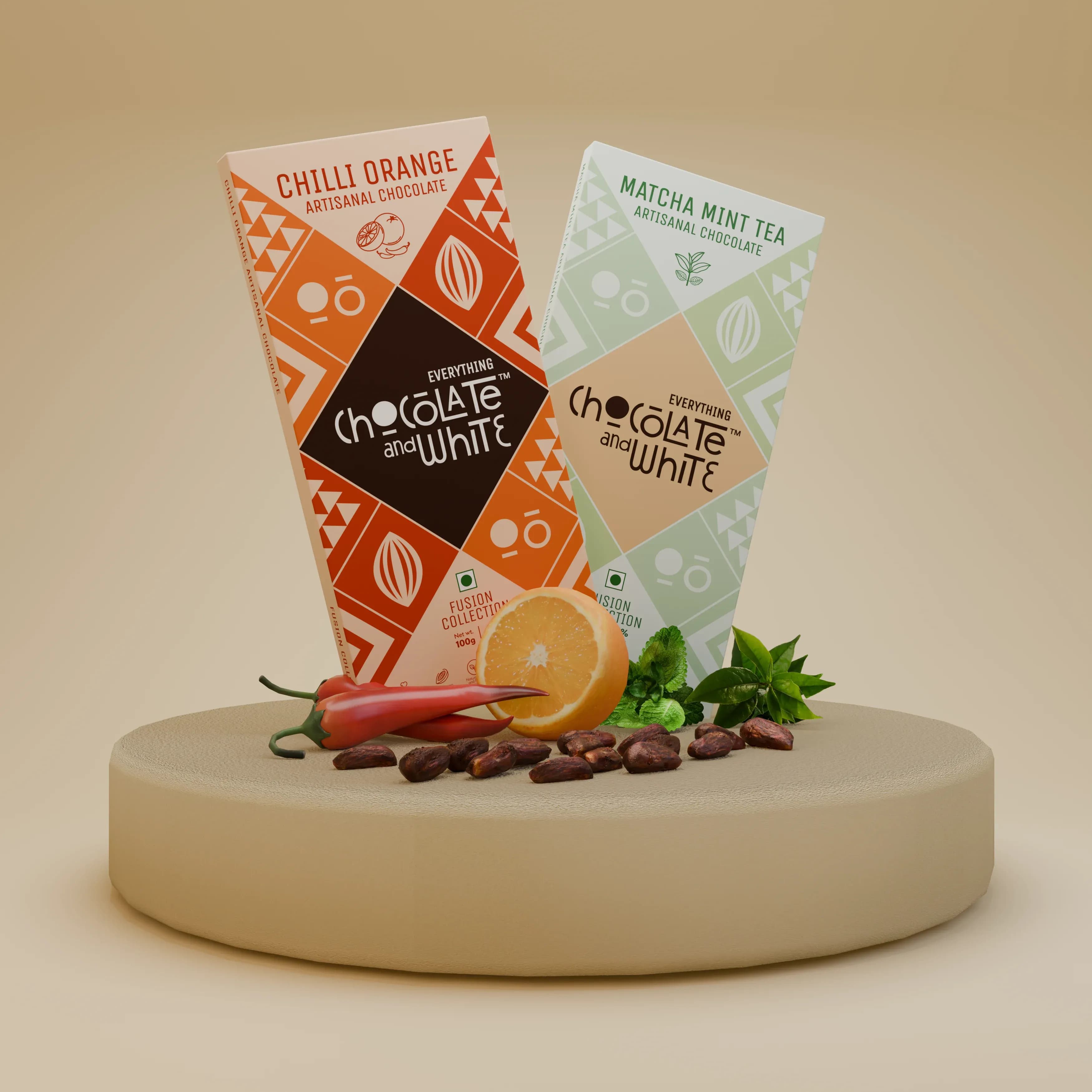 Chilli Orange Artisanal Chocolate - 43% Dark || Matcha Mint Tea Artisanal Chocolate - White 