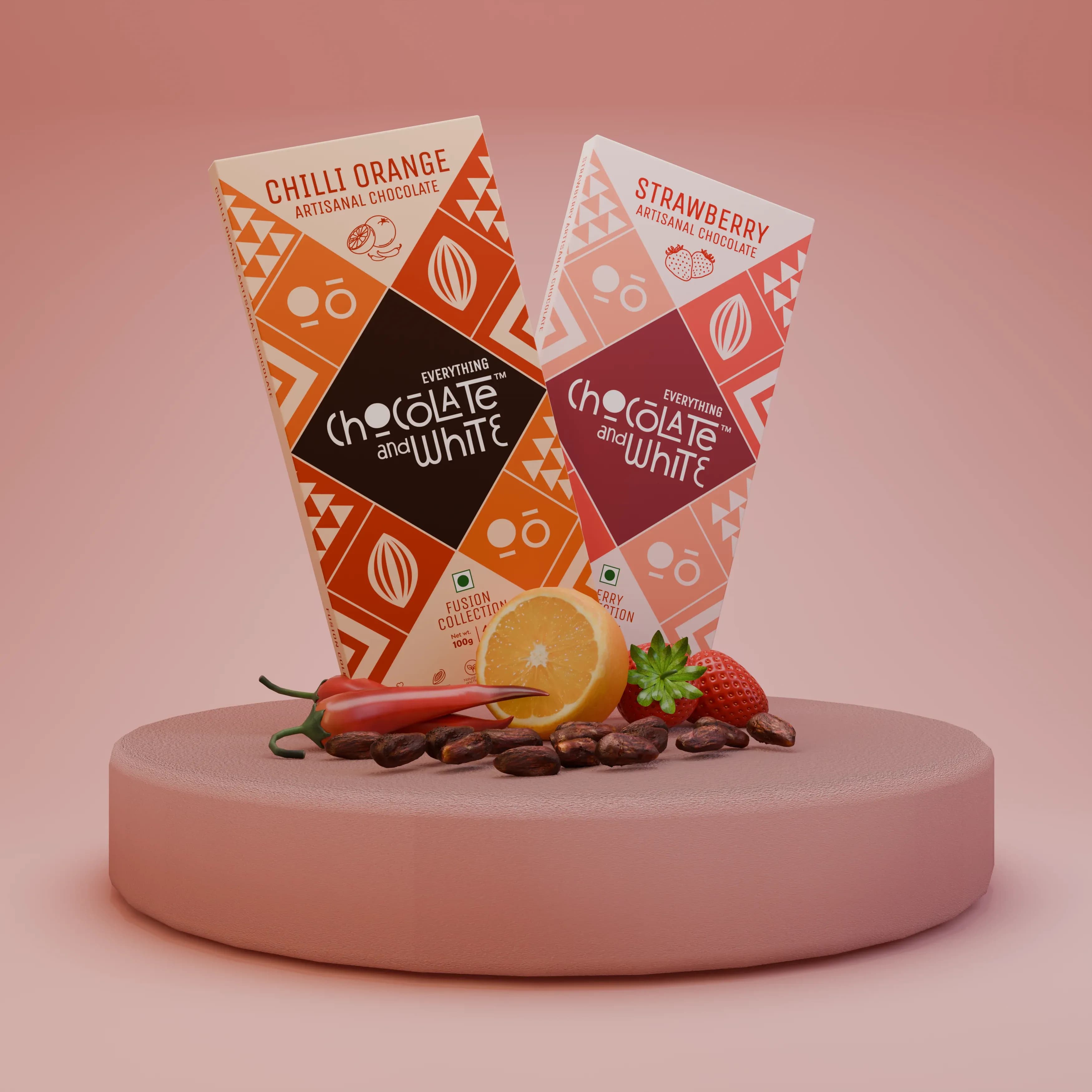 Chilli Orange Artisanal Chocolate - 43% Dark || Strawberry Artisanal Chocolate - White